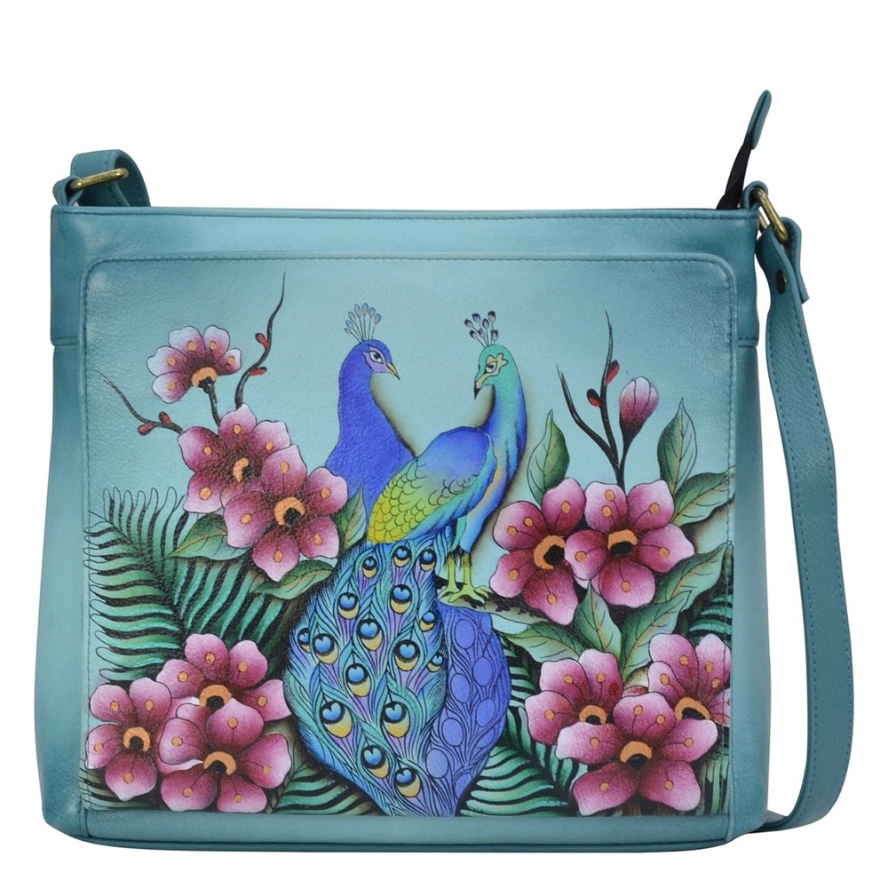 Anuschka Peacock Hand-Painted Blue Floral Crossbody Bag - Picture 1 of 15